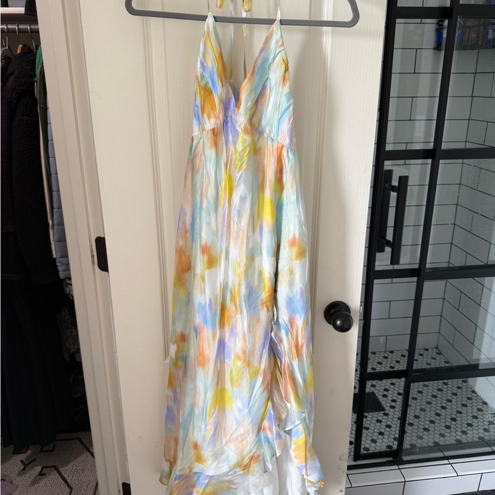 Hello Molly Pastel Watercolor Satin Maxi Dress